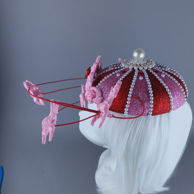 "Cirque Love" Pink, Red & Pearl Circus Carousel Wired Veil Hat