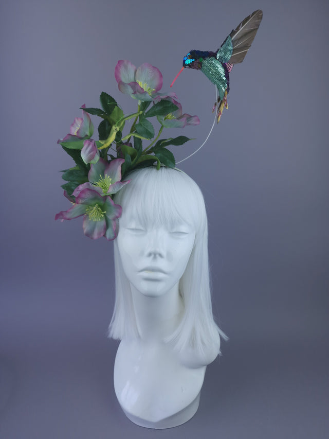 "Picotee" Purple & Green Hellebore Flowers & Hummingbird Headdress