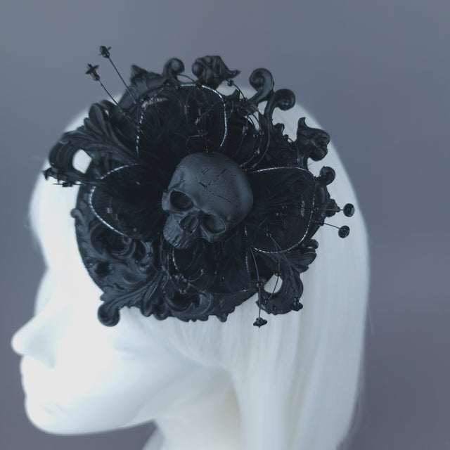 Pearls & Swine: Black Skull & Filigree Mini Fascinator "Noire"