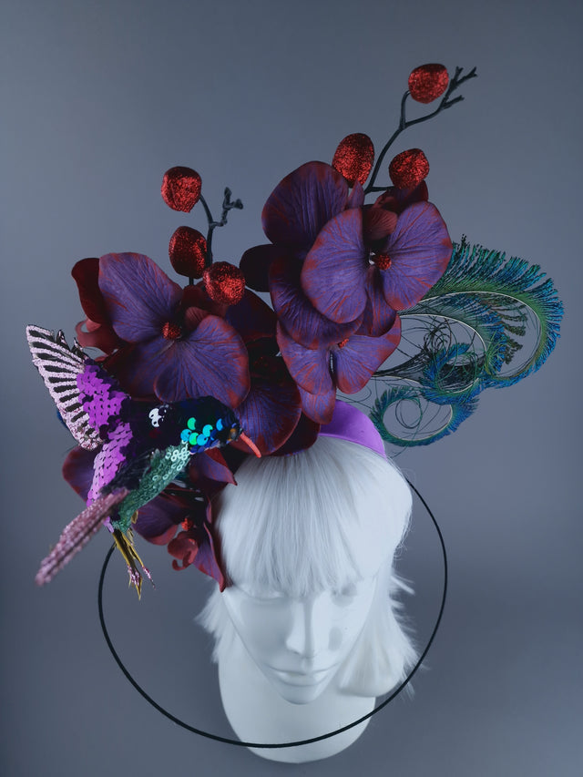 "Whir" Hummingbird & Purple Red Orchid Headdress