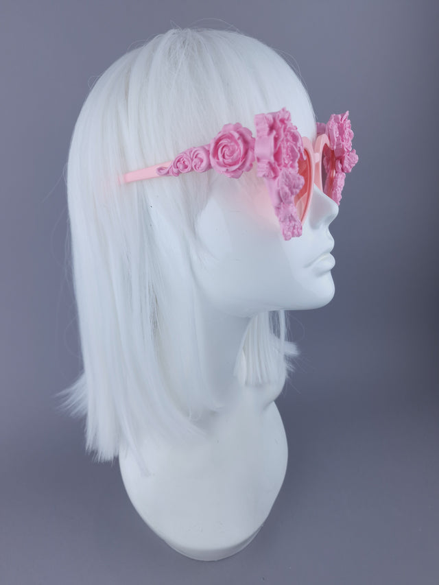 Pearls & Swine Pink Heart Shaped Sunglasses with Rose & Filigree "Lisha"