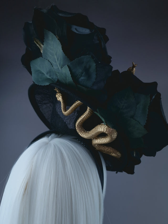 "Serpentt" Black Rose, Gold Snake & Pearl Fascinator Hat