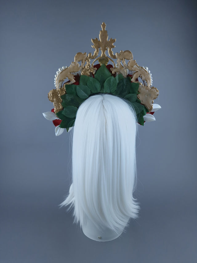 "Doryu" Red Rose, Pearls & Gold Filigree Halo Headdress