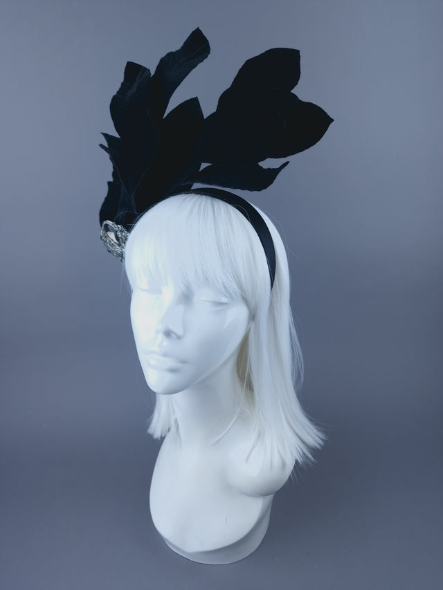 "Cristal" Black Velvet Leaf Headdress with Jewel
