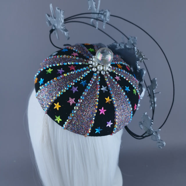 "Cirque Forever" Black, Silver & Colourful Circus Carousel Wired Veil Hat