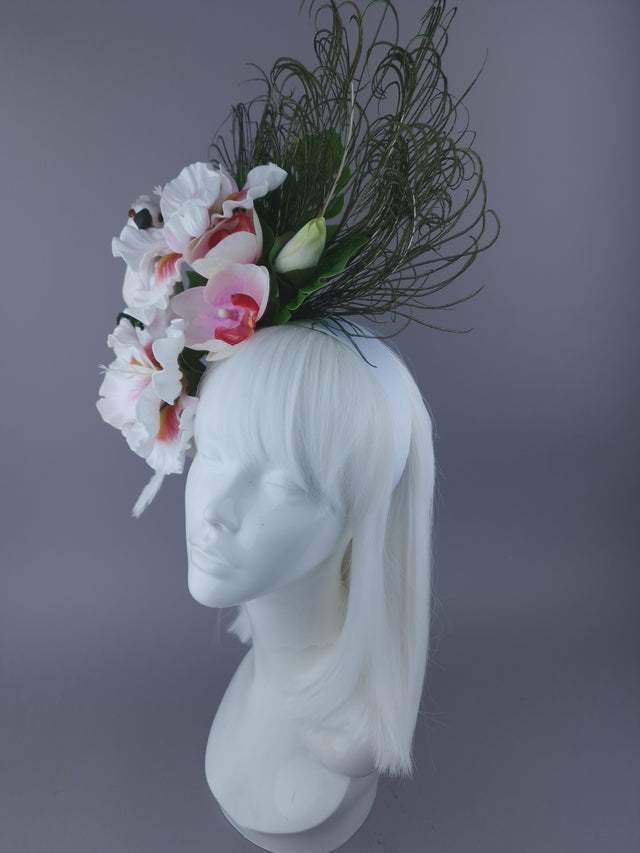 Pearls & Swine: Maximalist White Orchid Floral Feather Headpiece with Parrot