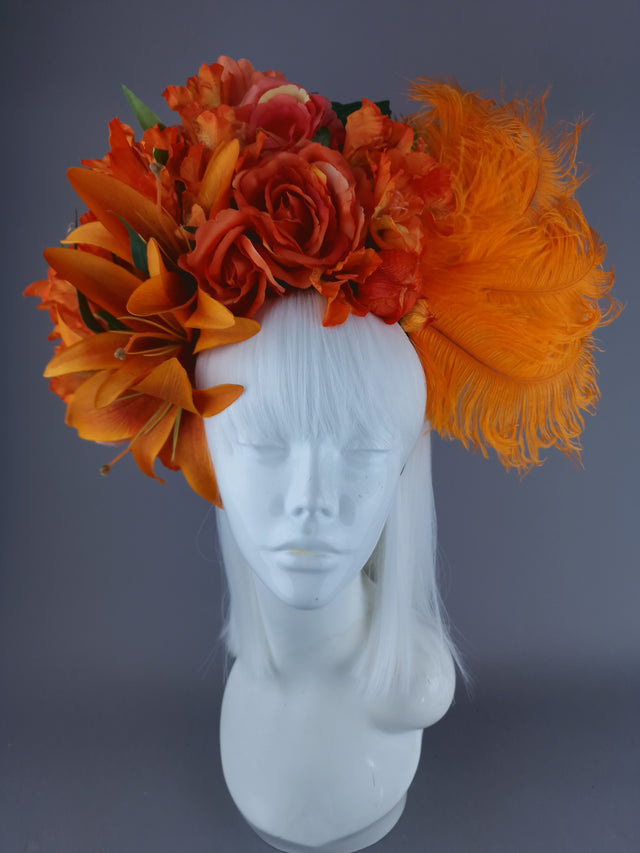 "Rise" Orange Flower & Feather Headdress