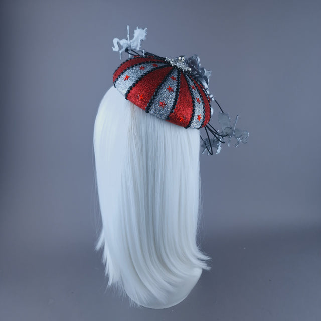 "Cirque Forever" Black, Silver & Red Circus Carousel Wired Veil Hat
