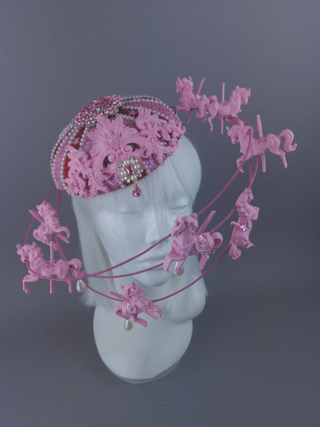 Pearls & Swine: Pink & Red Circus Carousel Wired Veil Hat "Cirque Forever"