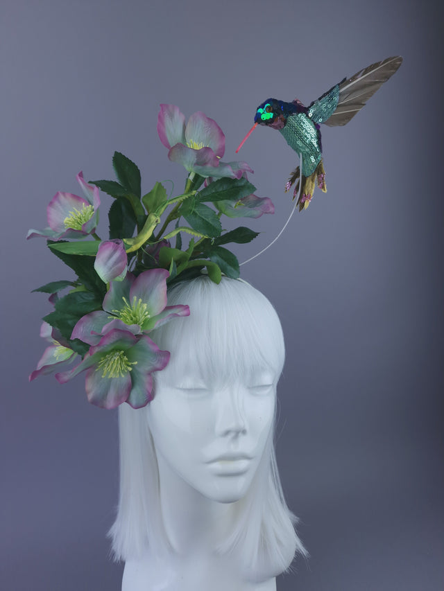 "Picotee" Purple & Green Hellebore Flowers & Hummingbird Headdress