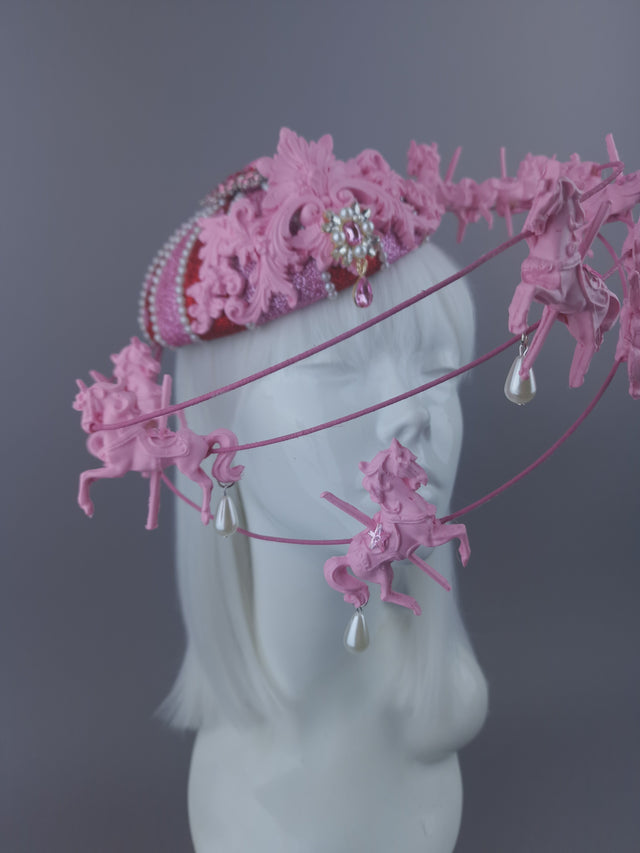 Pearls & Swine: Pink & Red Circus Carousel Wired Veil Hat "Cirque Forever"