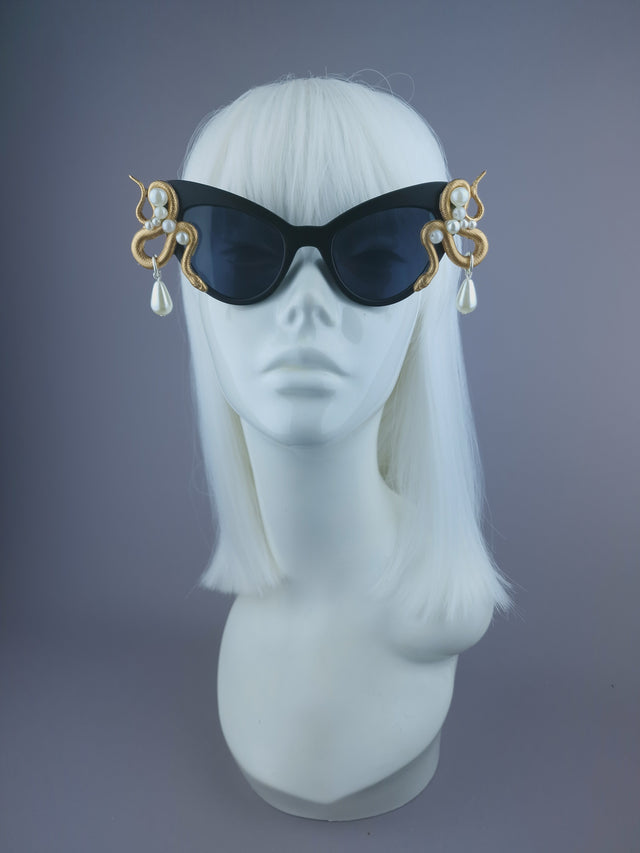 Pearls & Swine: Gold & Pearl Snake Black Sunglasses "Beguile"