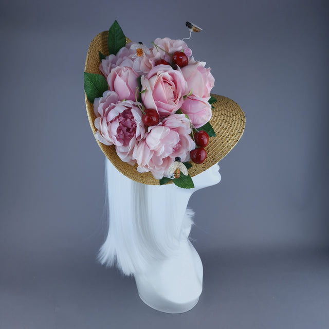 "Daphne" Pink Rose & Cherry Fascinator Hat