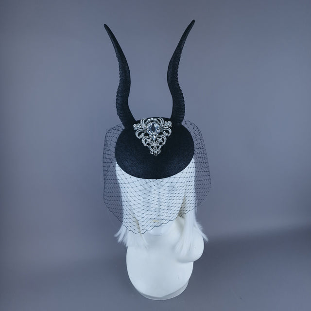 "Cernunnos" Black Glitter Horn & Veil Fascinator Hat