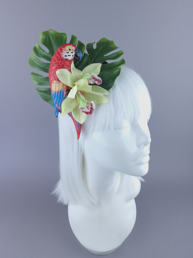 "Tropic" Red Parrot & Orchid Mini Fascinator