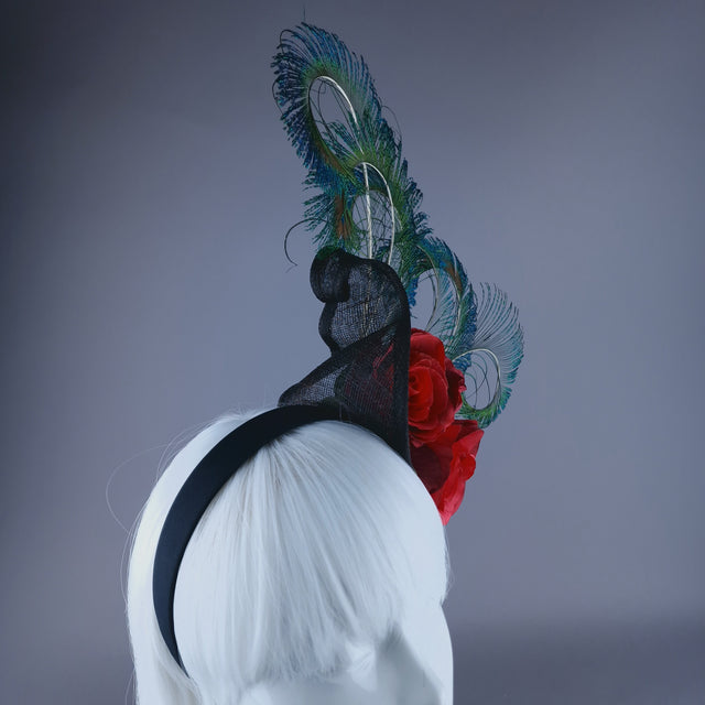 "Sass" Red Rose & Peacock Feather Headdress