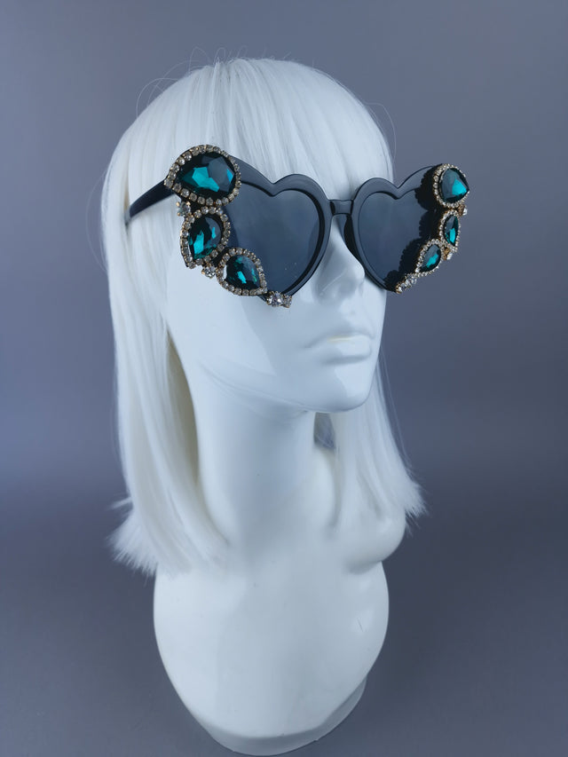 "Dramatique" Green Jewel Heart Shaped Sunglasses