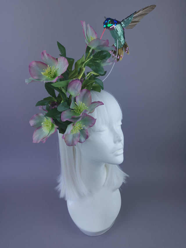 "Picotee" Purple & Green Hellebore Flowers & Hummingbird Headdress
