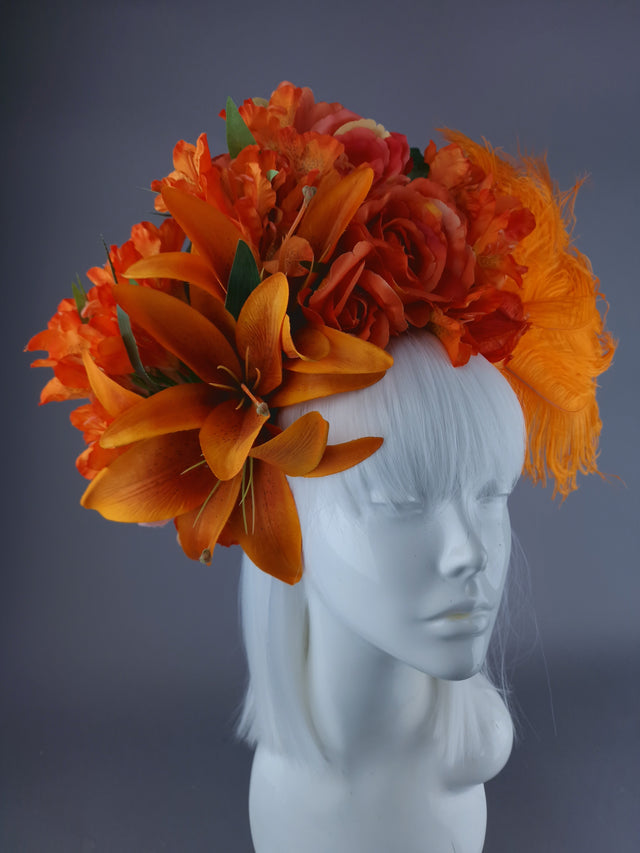 "Rise" Orange Flower & Feather Headdress