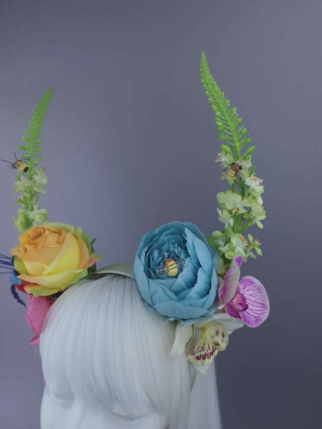 Pearls & Swine: Maximalist Floral Horn Headpiece with Bees "Fae"