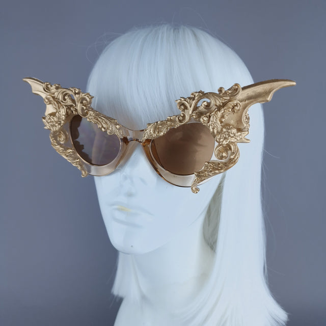 "Bathory" Gold Filigree Ornate Bat Wing & Cherub Sunglasses