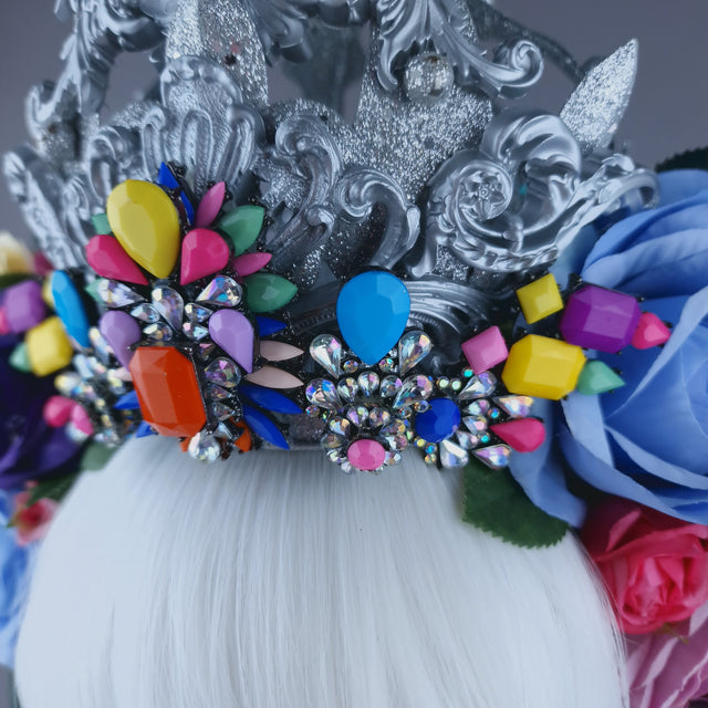 "Marie" Colourful Roses, Jewels & Silver Filigree Crown Headdress