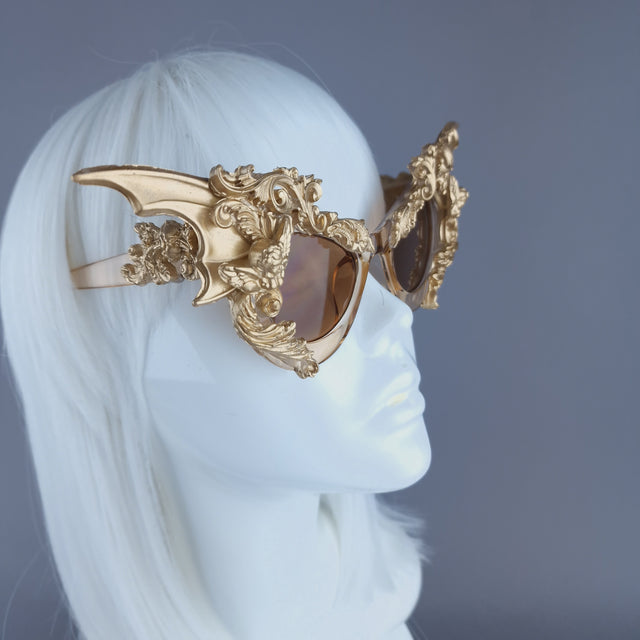 "Bathory" Gold Filigree Ornate Bat Wing & Cherub Sunglasses