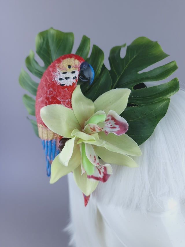 "Tropic" Red Parrot & Orchid Mini Fascinator