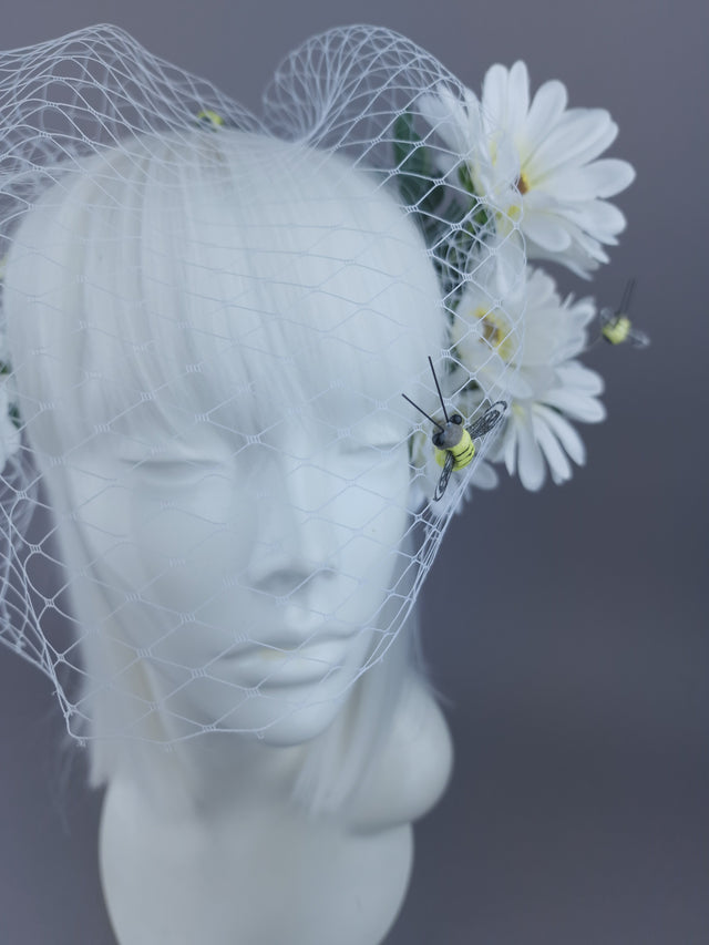 Pearls & Swine Veil Headpiece with White Daisies and Bee detail "Chapel"