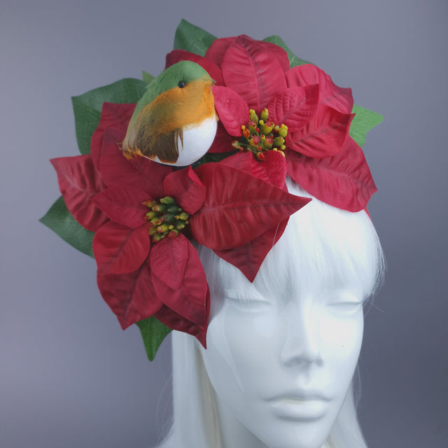 Large Red Poinsettia & Robin Xmas Headdress