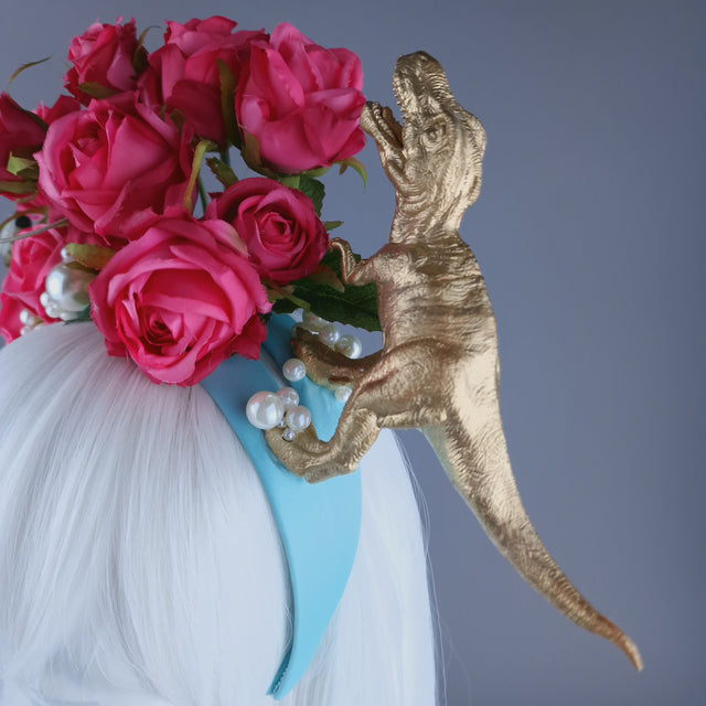 "Dainty" Dinosaur, Pearls & Pink Rose Headdress