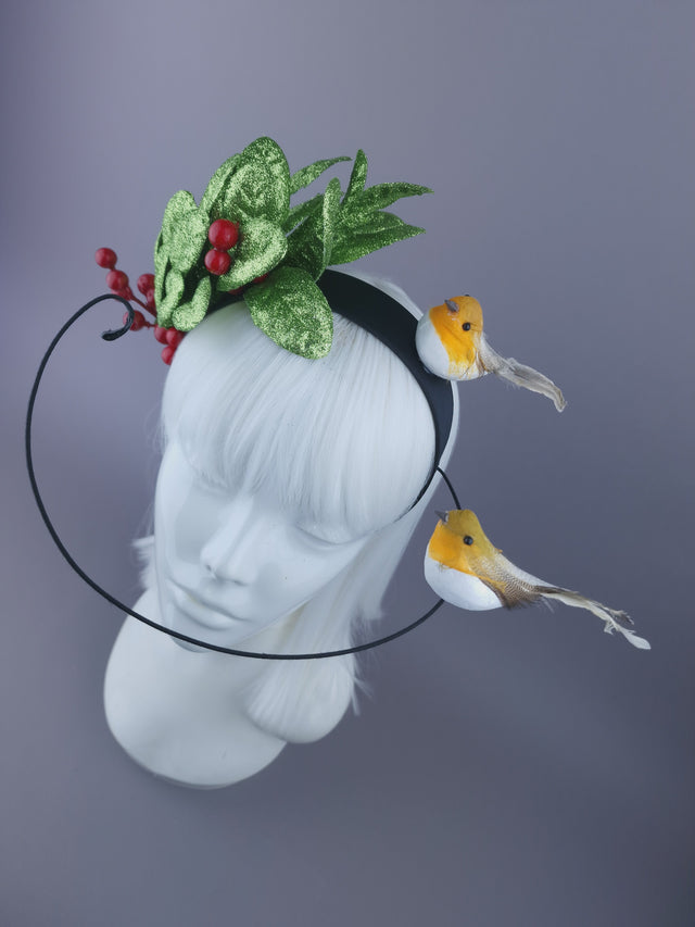 Pearls & Swine: Christmas Headdress with Glittered Leaves, Berries & Robins