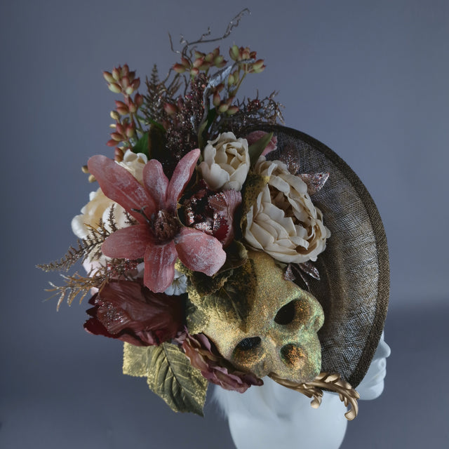 "Asura" Skull & Flower Gold & Brown Fascinator Hat