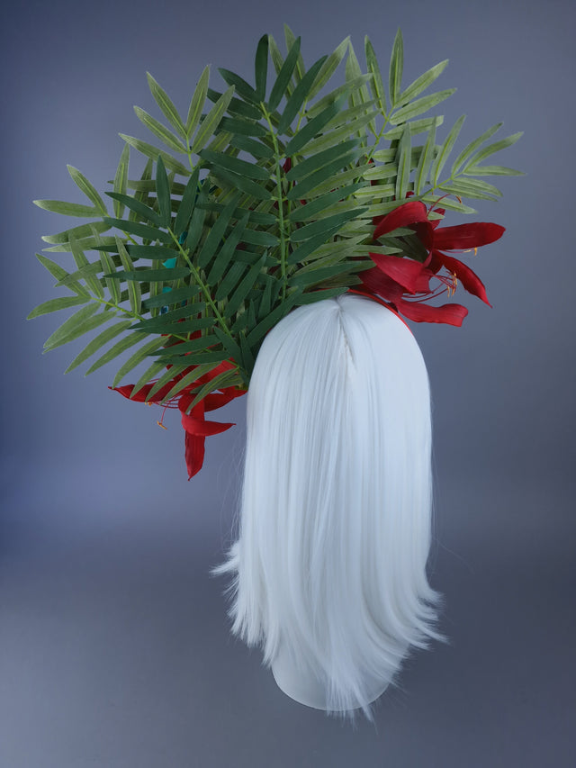 "Alamea" Tropical Red Flowers, Leaf & Parrot Headdress