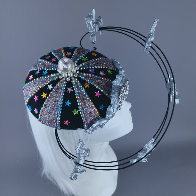 "Cirque Forever" Black, Silver & Colourful Circus Carousel Wired Veil Hat