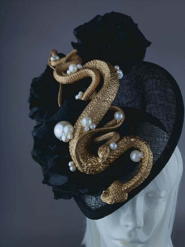 "Serpentt" Black Rose, Gold Snake & Pearl Fascinator Hat