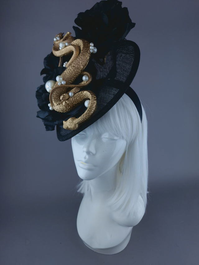 "Serpentt" Black Rose, Gold Snake & Pearl Fascinator Hat