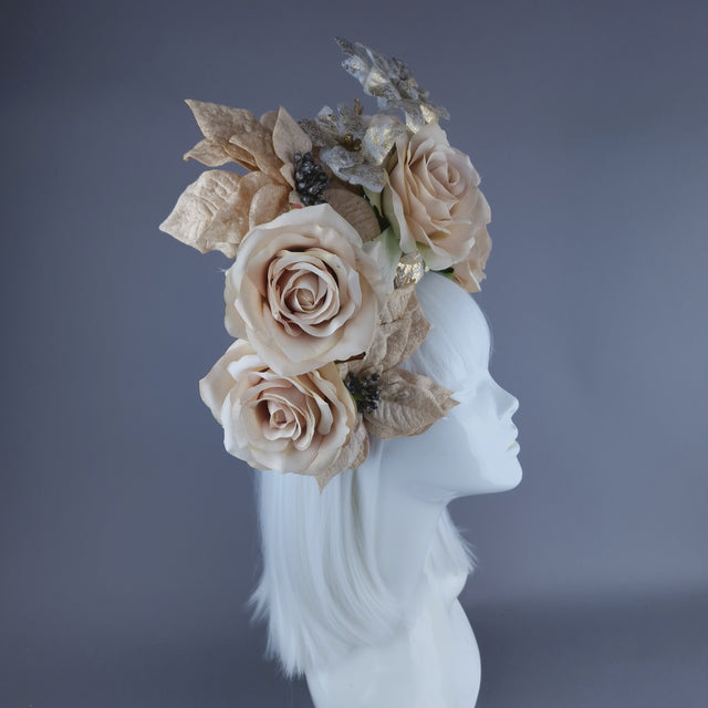 "Bernia" Beige & Gold Rose & Poinsettia Flower Headdress