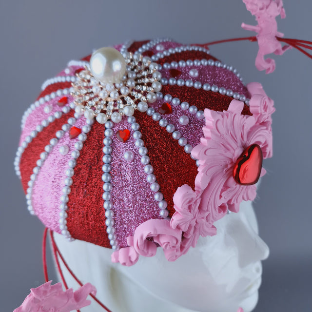 "Cirque Love" Pink, Red & Pearl Circus Carousel Wired Veil Hat
