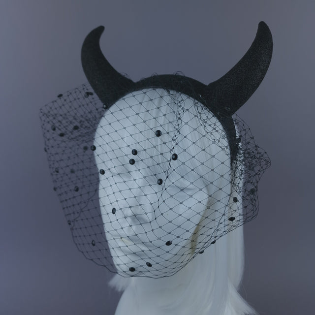Pearls & Swine: Large Black Glitter Devil Horn Veil Headpiece "Hot Stuff"
