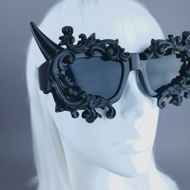 "Superbeast" Unisex Black Filigree Ornate Devil Horn Sunglasses