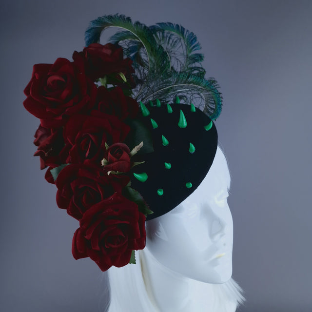 "L'Air Du Temps" Red Rose, Feather & Thorns Fascinator Hat