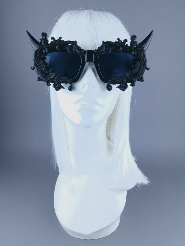 "Superbeast" Unisex Black Filigree Ornate Devil Horn Sunglasses