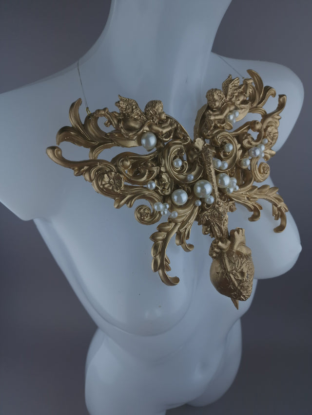 Pearls & Swine: Gold Filigree, Sword, Heart & Pearls Neckpiece "Covenant"