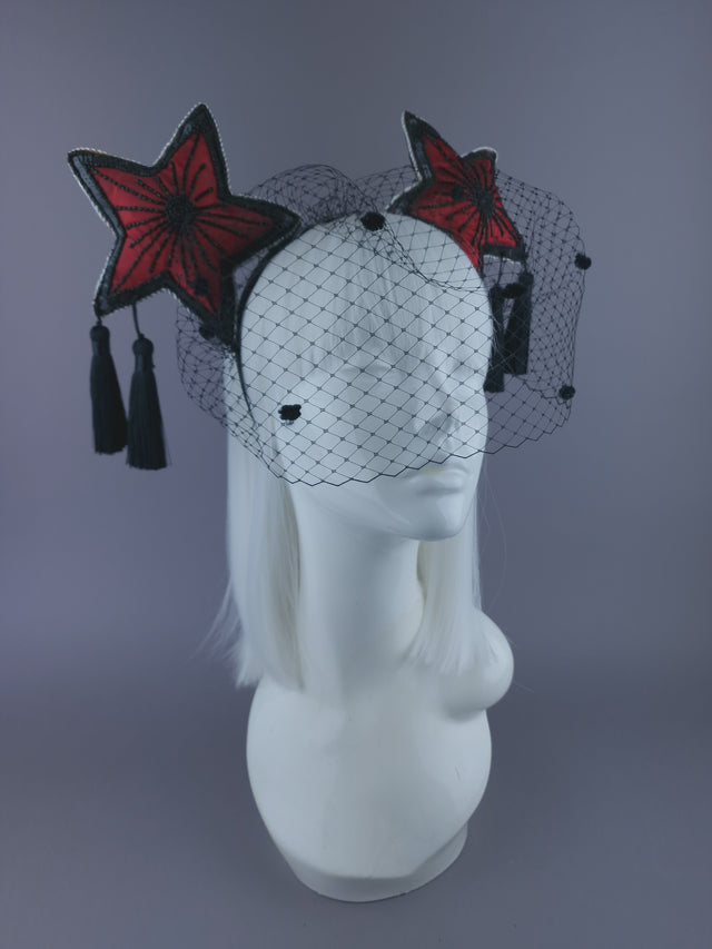 "Rubette" Red & Black Star & Tassel Veil Headdress