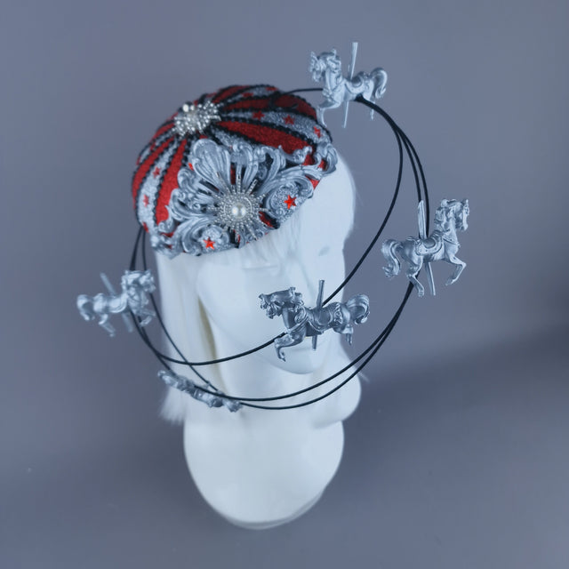 "Cirque Forever" Black, Silver & Red Circus Carousel Wired Veil Hat