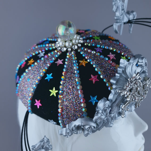 "Cirque Forever" Black, Silver & Colourful Circus Carousel Wired Veil Hat