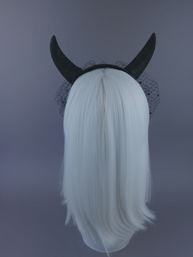 Pearls & Swine: Large Black Glitter Devil Horn Veil Headpiece "Hot Stuff"