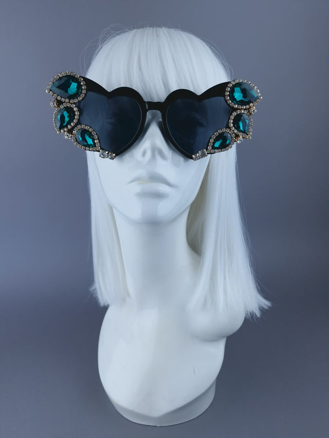 "Dramatique" Green Jewel Heart Shaped Sunglasses