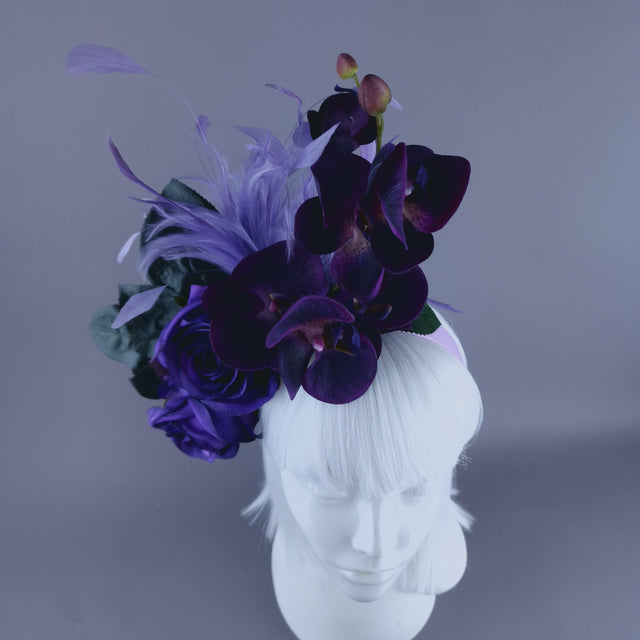 "Alina" Purple Orchid & Rose Feather Headdress
